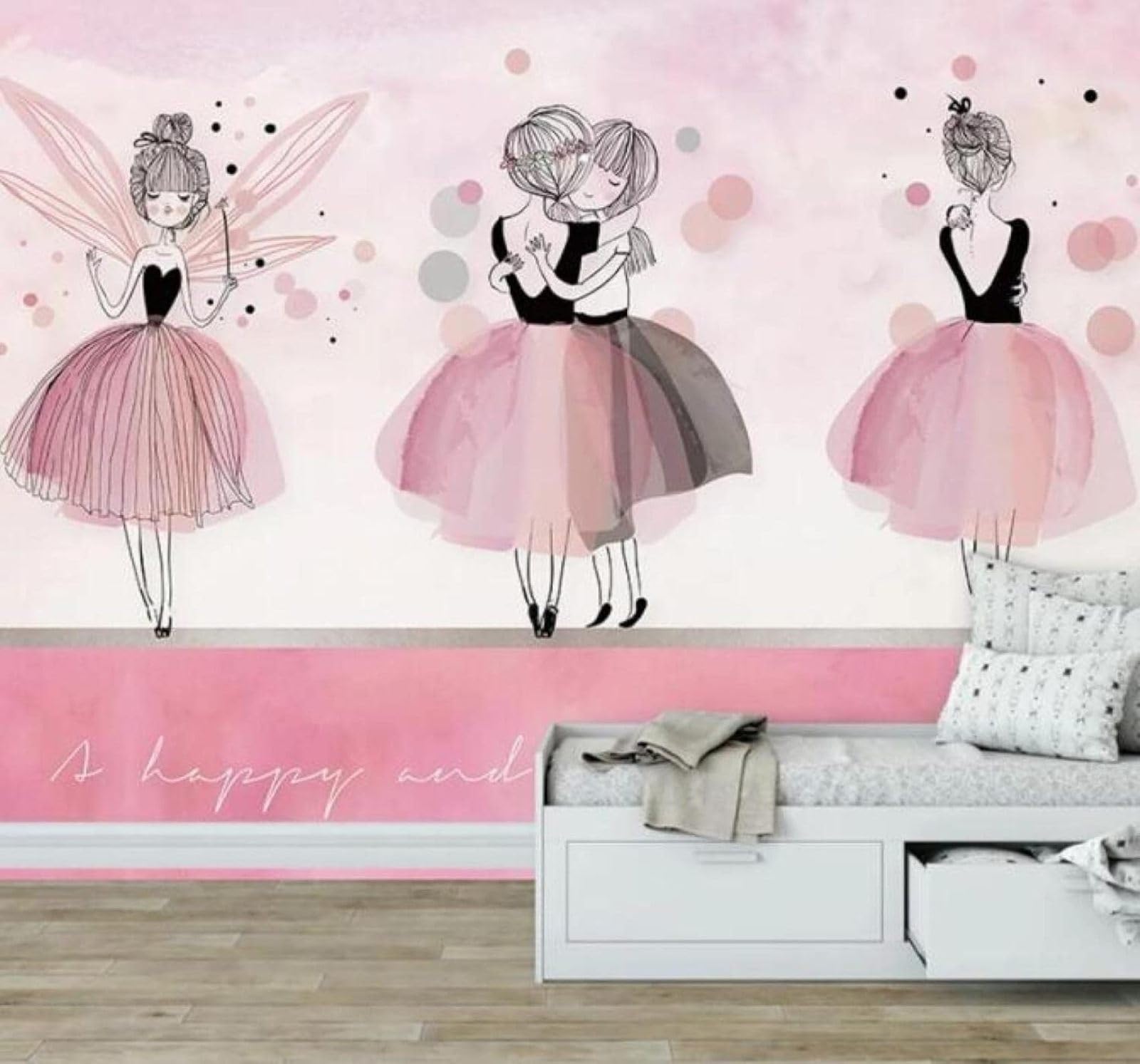 XLMING Hand Drawn Cartoon Pink Girl Ballet 3D Wallpaper Luxury Silk Study Dining Feature Sofa Grey Bedroom Living Room Tv Decorative Wall-150cm×105cm