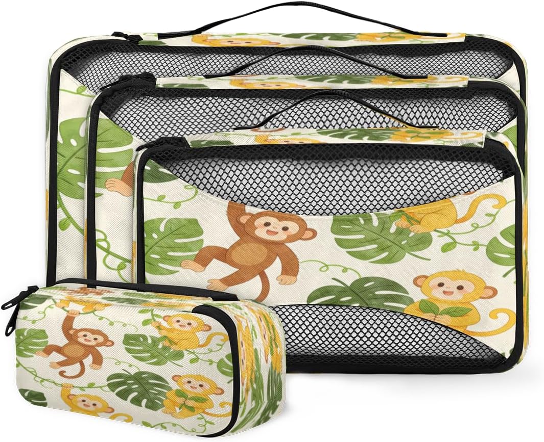 Tropical cartoon monkey Travel packaging box 4 sets - 4 sizes of durable luggage storage boxes,comprehensive packaging boxes for toiletries,underwear,shoes,and travel essentials