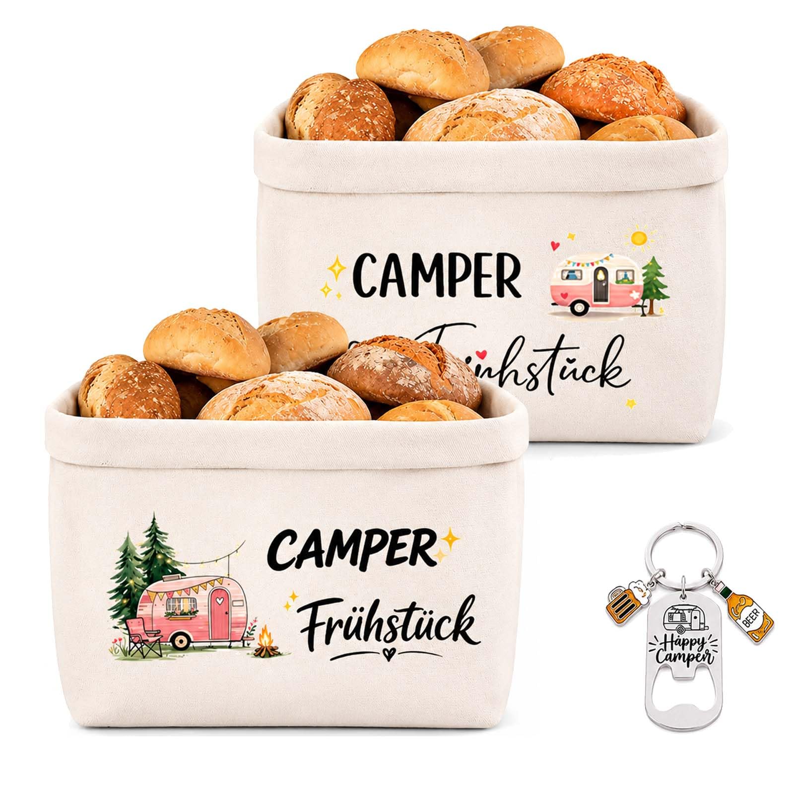 2er Camping Brotkorb Set mit Schlüsselanhänger, Stoffkorb 38 x 22 cm, Camper Geschenk für Wohnmobil & Wohnwagen Fans, Brotkörbe für Küche, Picknick und Camping Zubehör