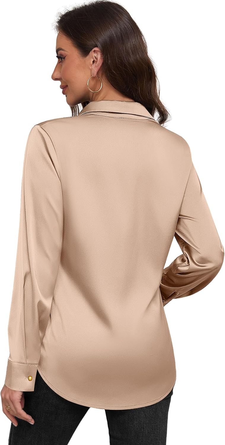 Satin Tops Silk Blouses for Women Satin Button Down Shirts Casual Plain Work Shirt for Women Trendy Comfort During Spring Outings Wrinkle-Free Daily Blouses Brown XS - Image 5