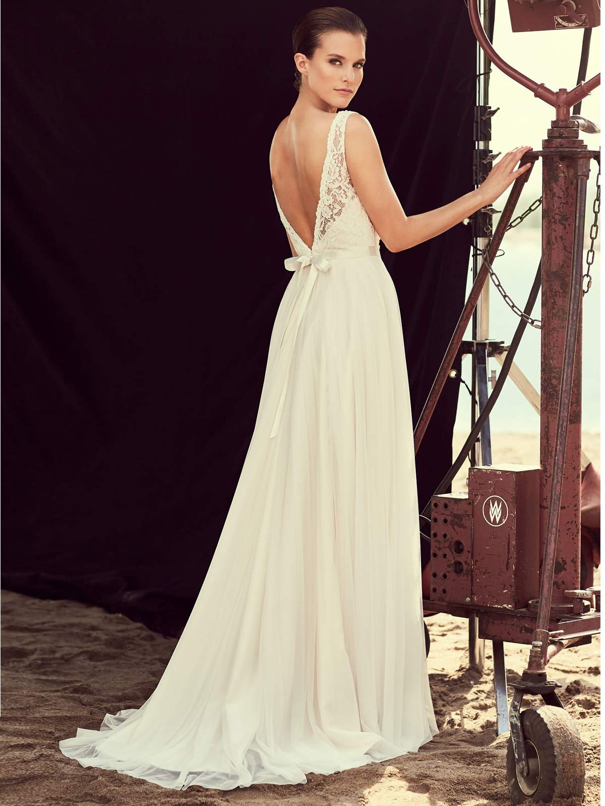 Vestido de Novia Bohemia V Cuello Sexy Encaje Largo Chifón Línea a Vestido de Novia Asuntos Civiles, Blanco, 44