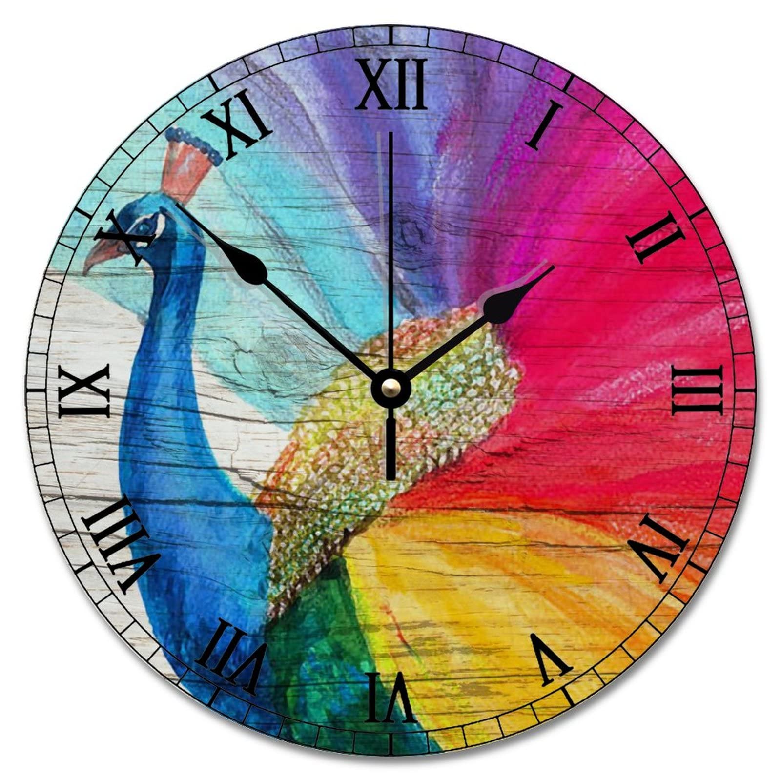 Horloge murale paon bleu vintage 30 cm rustique et silencieuse