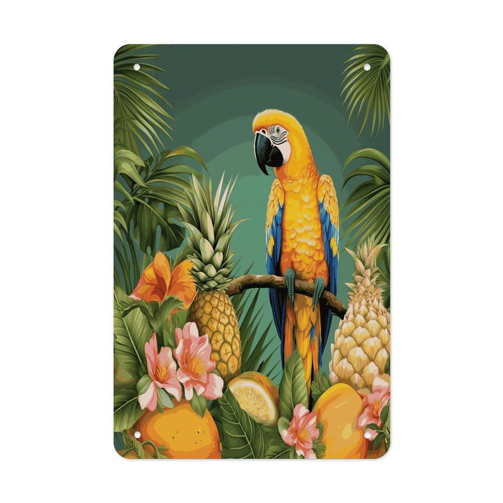 LDGSUPH Summer Parrot Pineapple Bird Wall Art Prints Folded Edge Iron Sheet Painting with Holes for Wall Prints Decorative Picture Metal Signboard Decor Painting for Outdoor Indoor Wall Decor