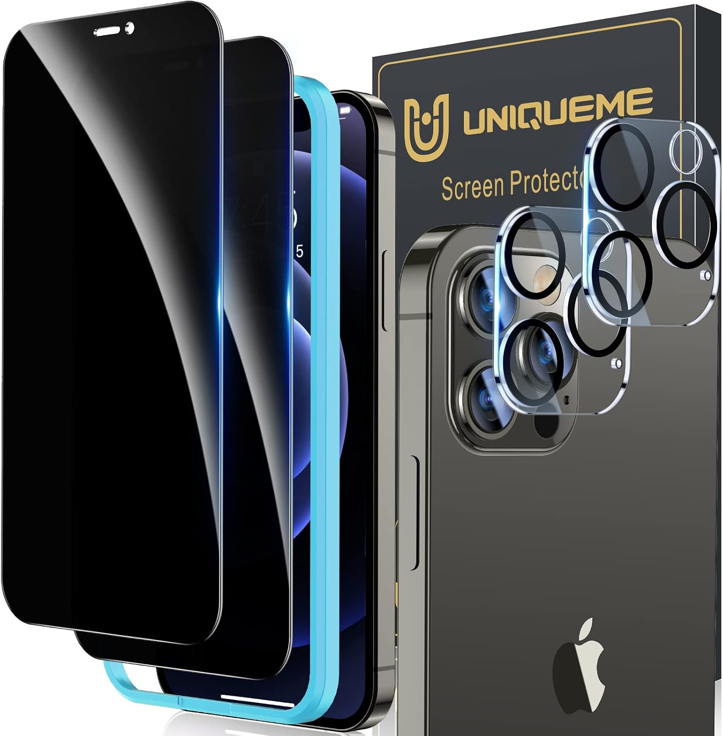 UniqueMe [2+2 Pack] Compatible with iPhone 12 Pro Max 6.7-inch Privacy Screen Protector Tempered Glass and Camera lens Protector, Anti Spy [Easy Installation Frame] [Precise Cutout] Bubble Free