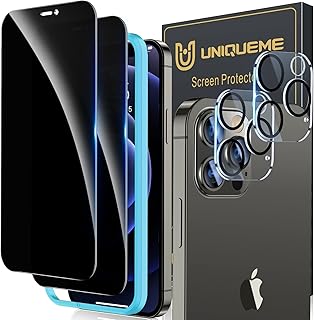 UniqueMe [2+2 Pack] Compatible with iPhone 12 Pro Max Privacy Screen Protector, Tempered Glass 6.7-inch and Camera lens Protector, Anti Spy [Easy Installation Frame] [Precise Cutout] Bubble Free