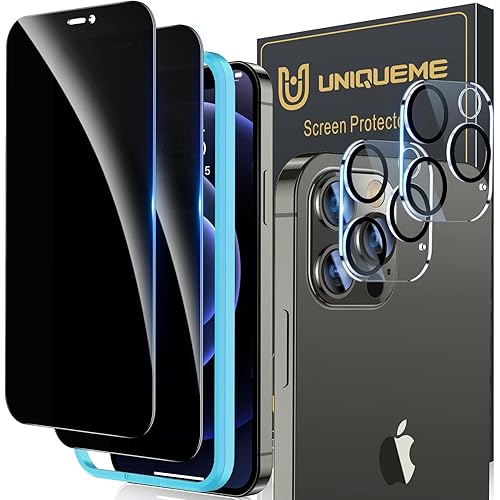 UniqueMe [2+2 Pack] Compatible with iPhone 12 Pro Max Privacy Screen Protector, Tempered Glass 6.7-inch and Camera lens Protector, Anti Spy [Easy Installation Frame] [Precise Cutout] Bubble Free