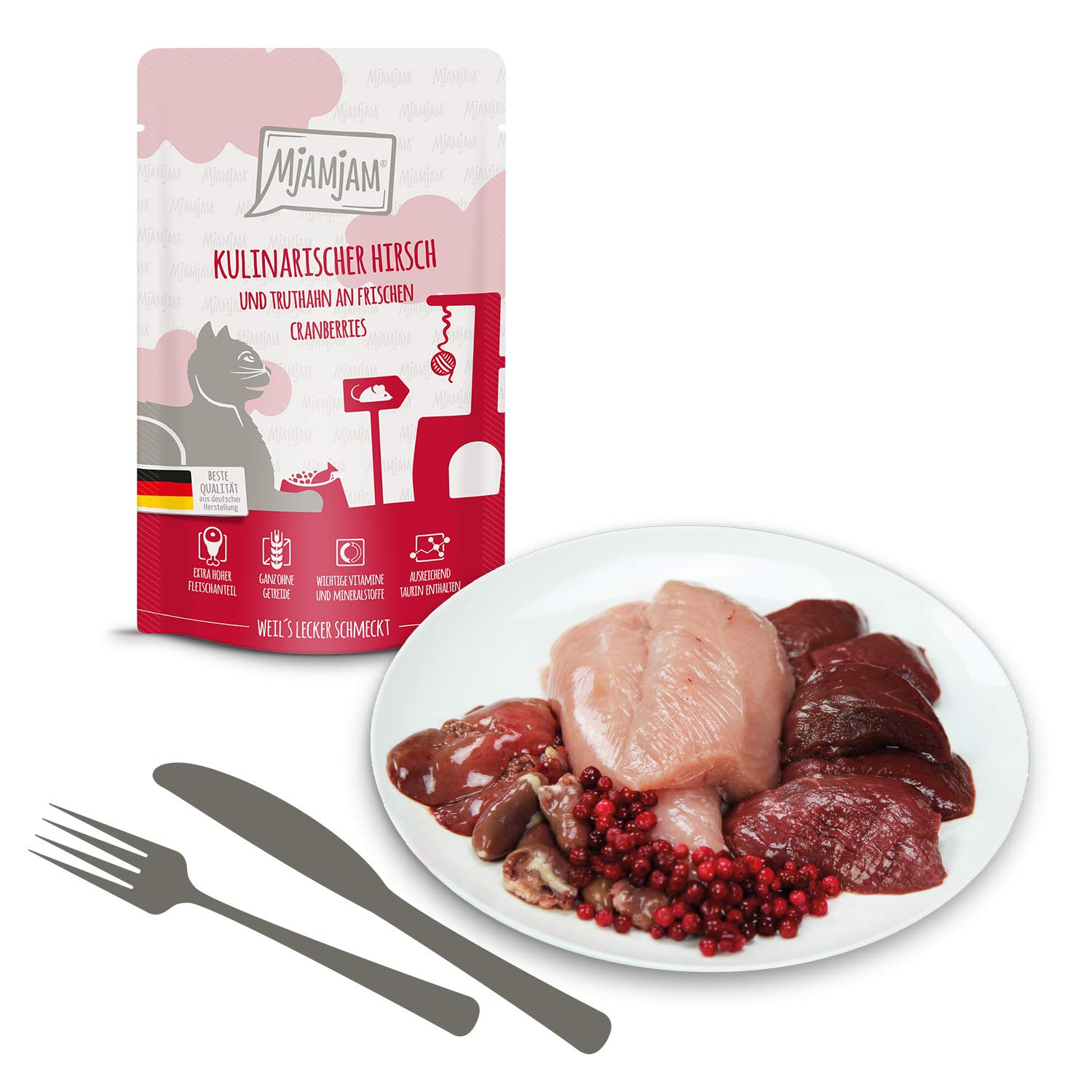 MjAMjAM - Mokra karma premium dla kotów – pakiet mieszany V – 2 x dziki łosoś, 2 x krewetka, 2 x jeleń, 2 x renifer, 2 x koza, 2 x indyk opakowanie 12 sztuk (12 x 125 g), bez zbóż, z bardzo dużą