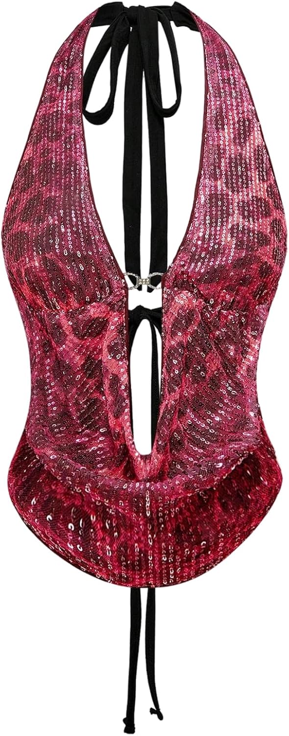 verdusa women's cheetah print sequin top y2k tie back corset halter going out crop tops x-small pink