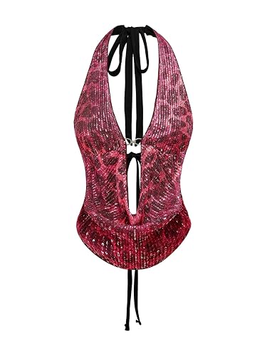 Women's Cheetah Print Sequin Top Y2K Tie Back Corset Halter