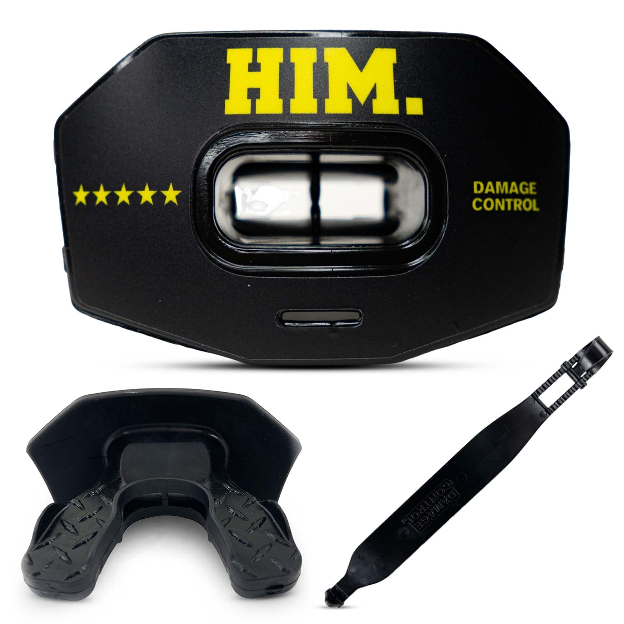 DAMAGE CONTROL Youth Football Mouth Guard – Him | Heavy Duty, Breathable No Boil Mouthpiece, Maximum Airflow, Protects Lips & Teeth, Works with Braces, Includes Helmet Strap