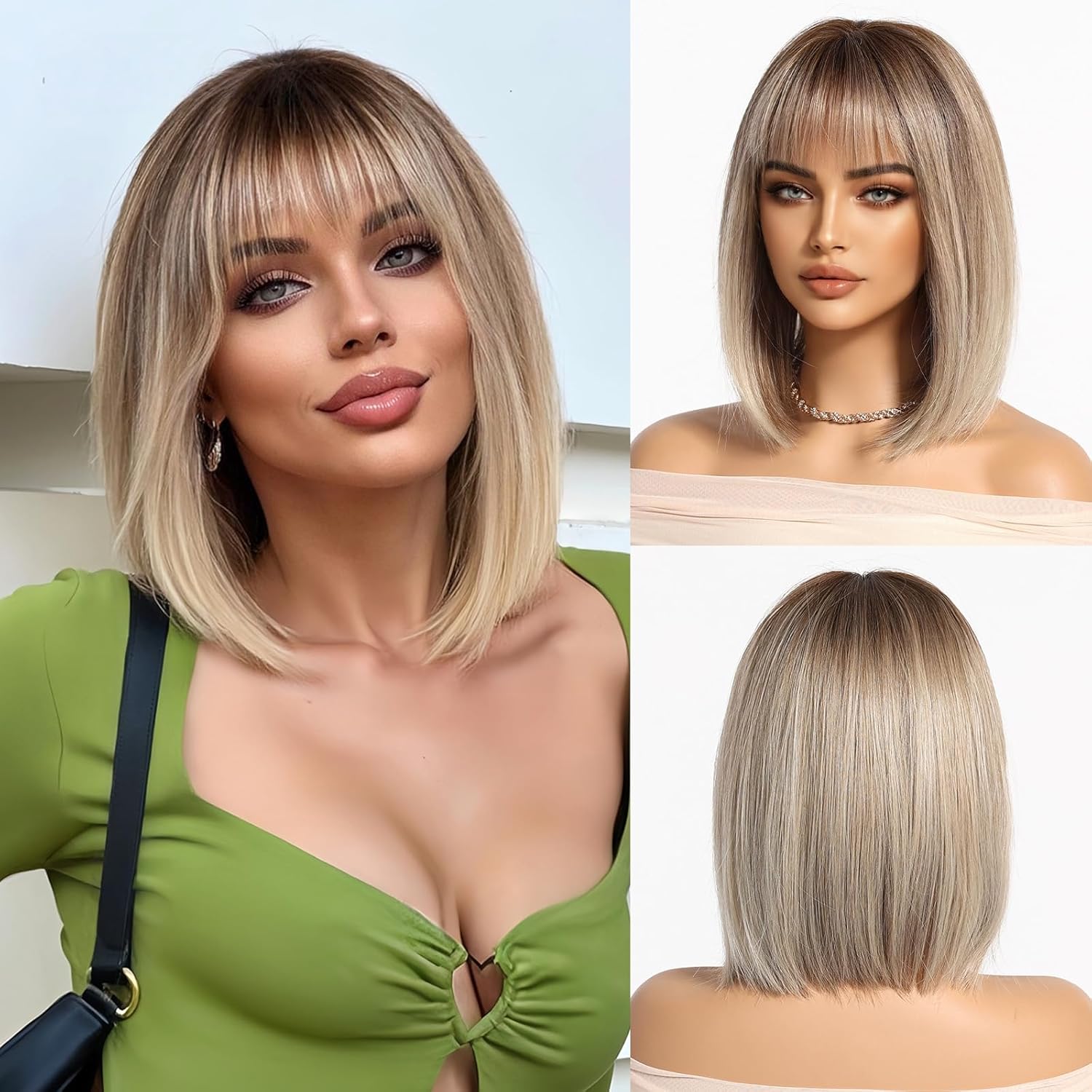 short Gradient Blonde wig for women - 10'' Bob Wig Synthetic Hair with Bangs, Straight Style for Daily Use