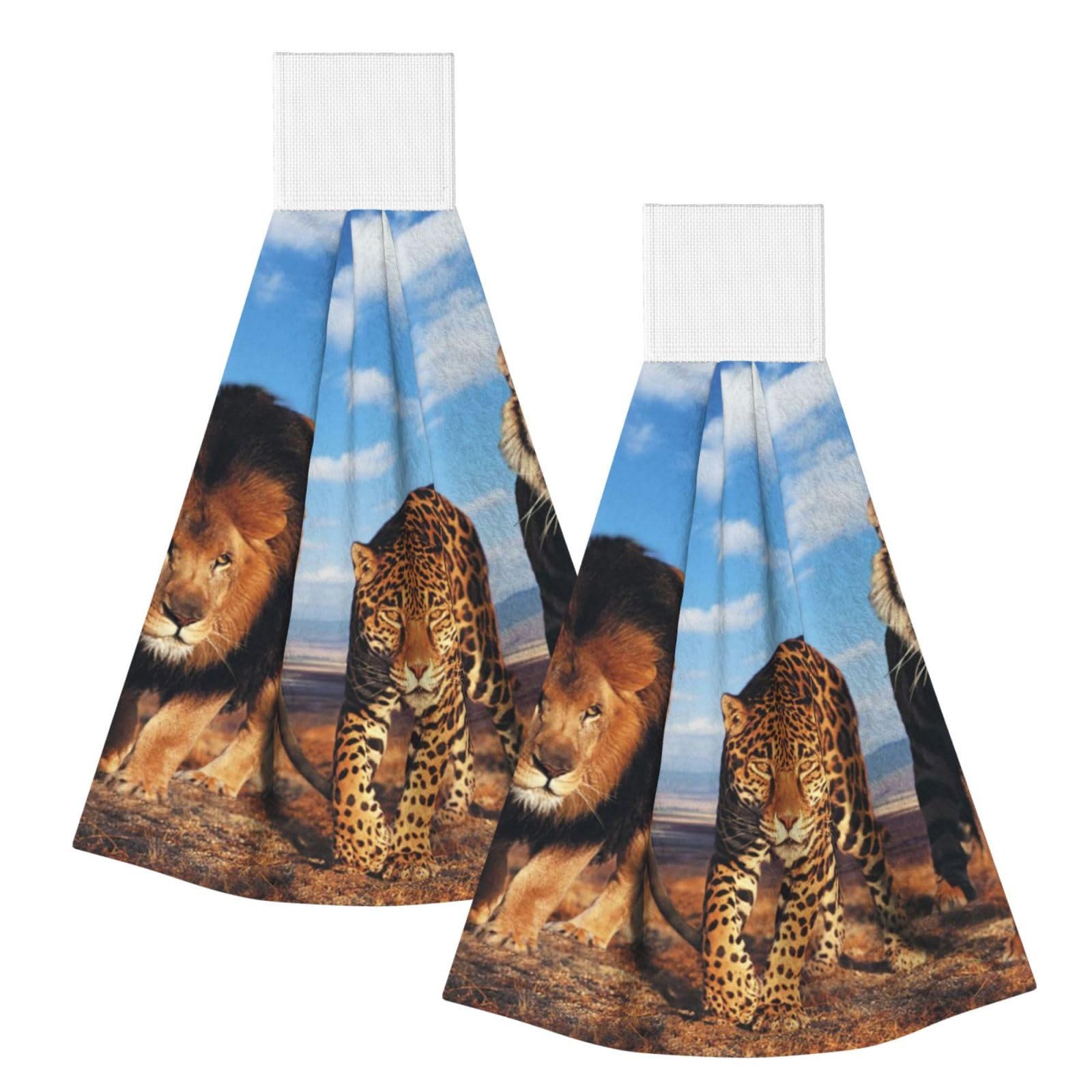 DOPKLNA Lion Leopard And Tiger Fight For Food Printed, 2 Pcs Hanging Coral Fiber Hand Towels for Bathroom, Absorbent Kitchen Towels