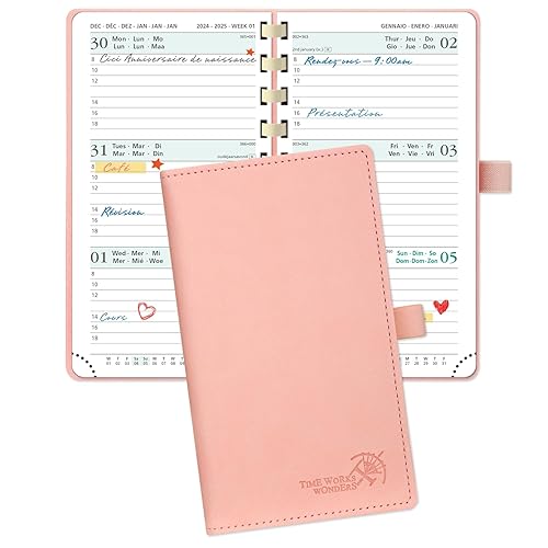 POPRUN Agenda de Poche 2024 2025 16,5 x 9 cm - Petit Planner Semainier Scolaire 17 Mois D'août 2024 à déc 2025 avec Couverture Souple Spirale, Fente Pour Carte, Papier Certifié FSC®80 g/m² - Rose