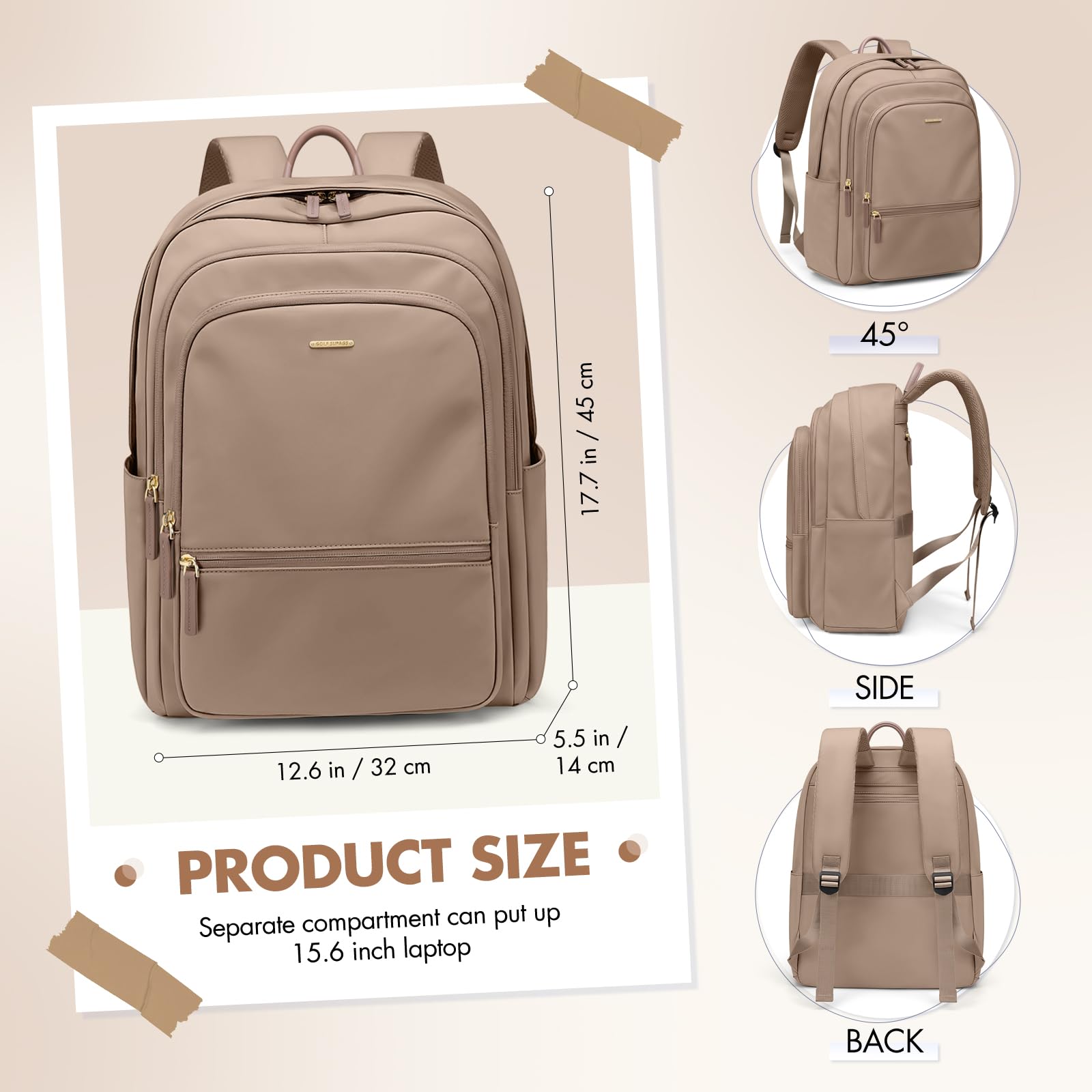 GOLF SUPAGS Grande Capacità Zaino per PC Portatile da 15.6 Pollici, Zaino da Viaggio Multifunzionale da Donna, Zaino per Lavoro Scuola