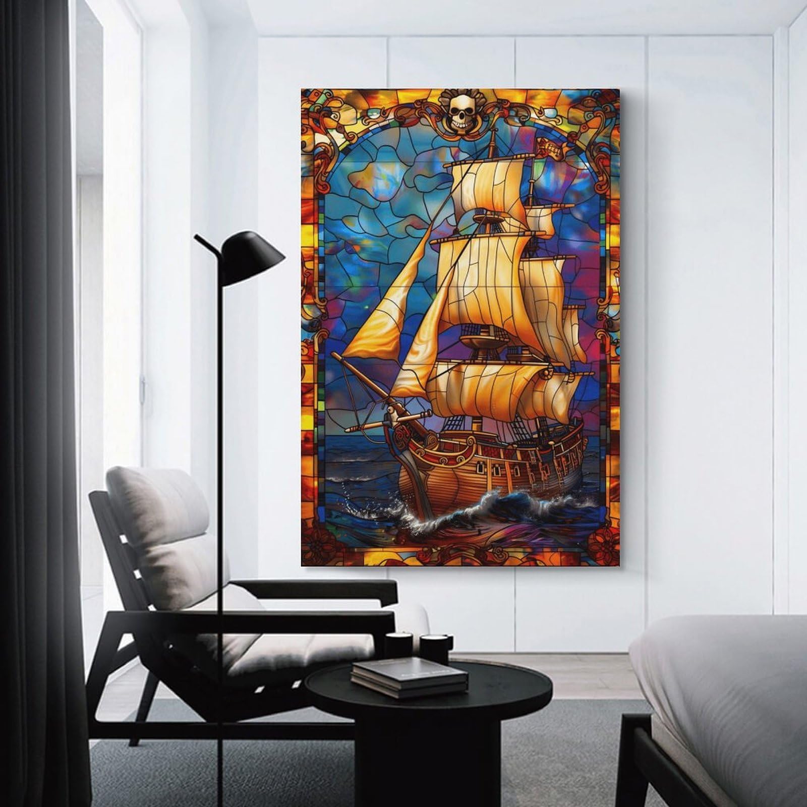 Junmoney Pirate Ship Stained Glass Artwork Canvas Art Print, 08x12inch(20x30cm), for Living Room, Bedroom, Office Or Hallway, Decorative Artwork with Broad Appeal