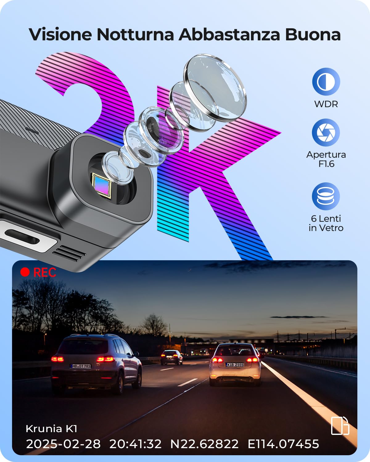 2K Wi-Fi Mini Dash Cam Auto, Telecamera con App, Compatibile con CPL e GPS Esterni, Supporti Magnetici, Visione Notturna WDR, Sorveglianza Parcheggio 24h, Supercondensatore, Angolo 170°
