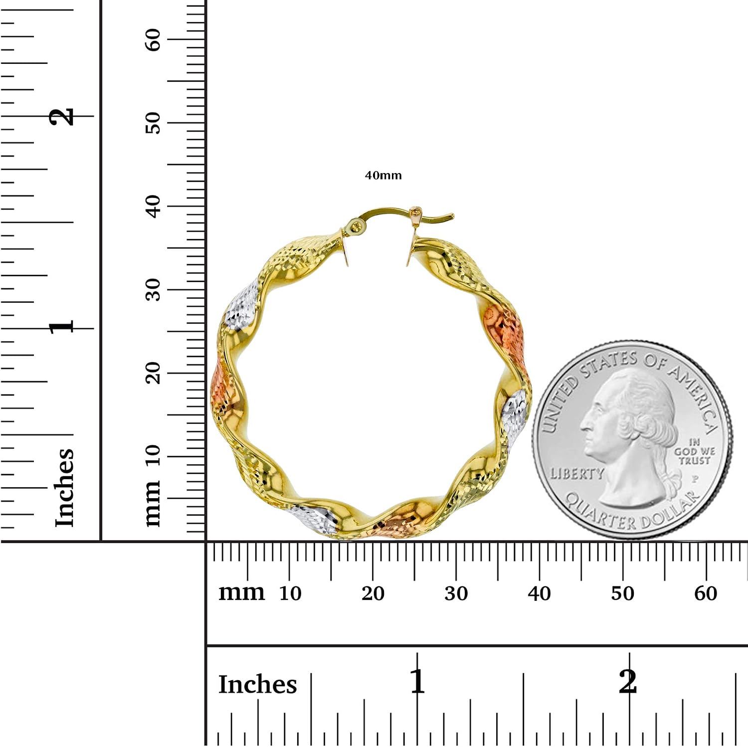 14k Tri Color OR Two Tone Gold Solid Twisted Diamond Cut Hoop Earrings for Women | 5mm Thick | Italian Gold Hoops | Twisted Hoop Earrings | Secure Click-Top | Shiny Polished Earrings, 30mm-70mm