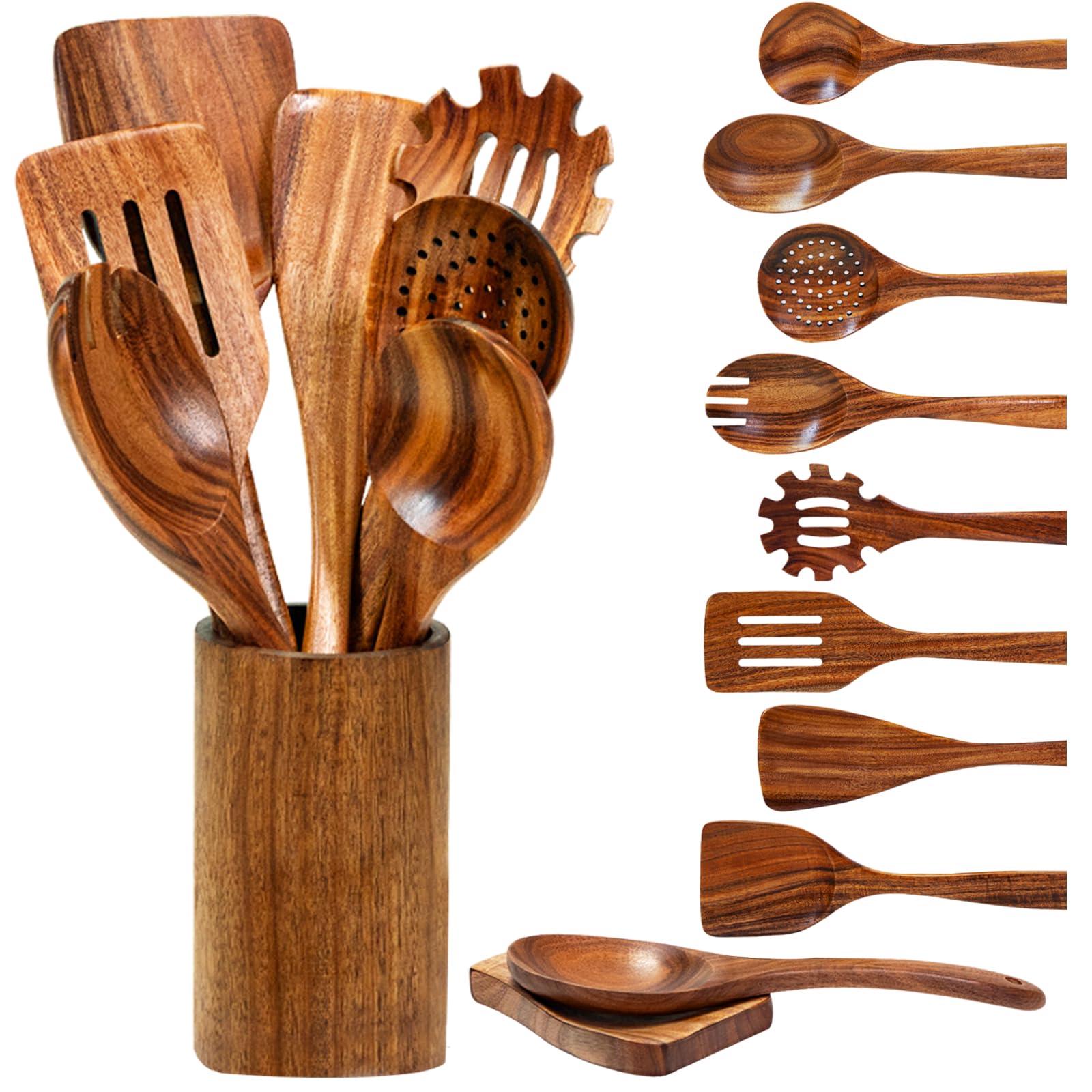 Holzlöffel zum Kochen, natürliches Teakholzutensilien-Set, 10-teiliges handgefertigtes Küchenhelfer-Set aus Holz mit Halter und Löffel, langlebiges Antihaft-Küchen-Kochgeschirr-Werkzeug