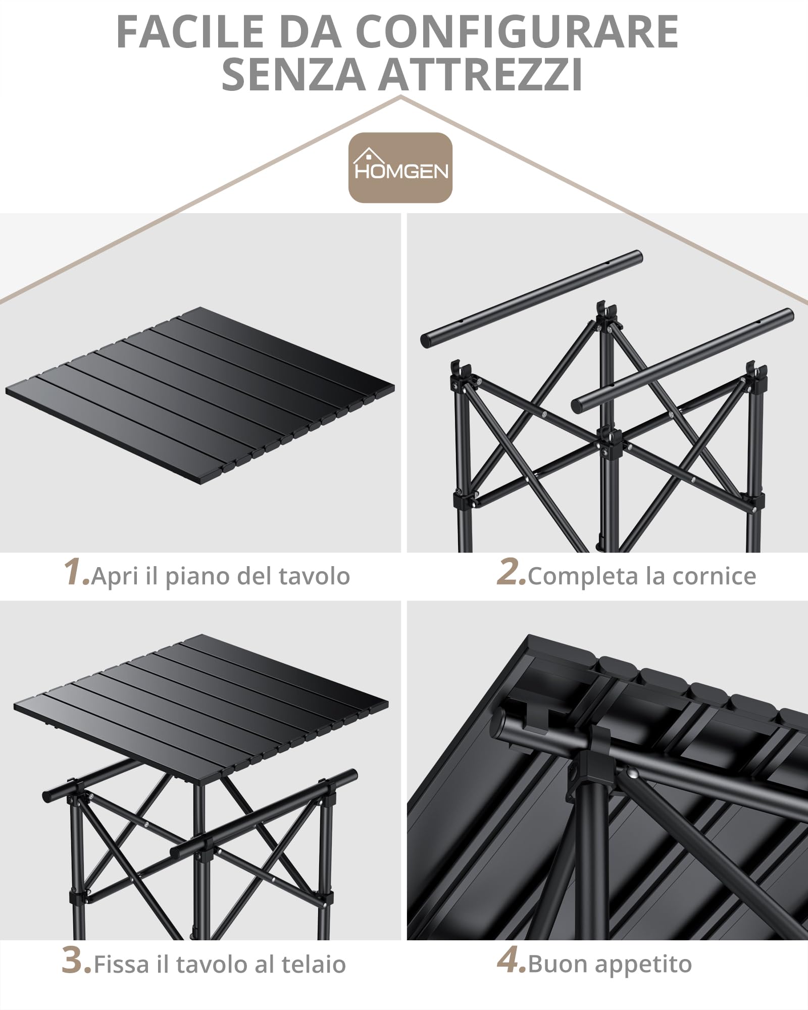 HOMGEN Tavolino Pieghevole da Campeggio in Acciaio Carbonio 40x40x40cm, Stabile Anti-Shake, Montaggio in 3 Passaggi, Ultraleggero 1.7kg, Portatile per Spiaggia Balcone Picnic con Borsa di Stoccaggio