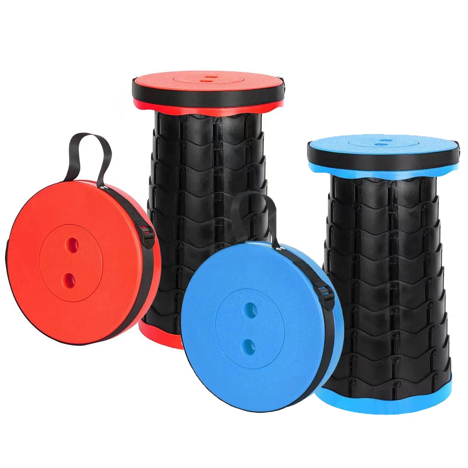 SOOFAM 2 Pack Folding Camping Stool， Lightweight Collapsible Stool Portable Retractable Telescopic Seat for Fishing Hiking Tours,BBQ,Outdoors Indoors Kitchen Max Load 400lbs Red and Blue