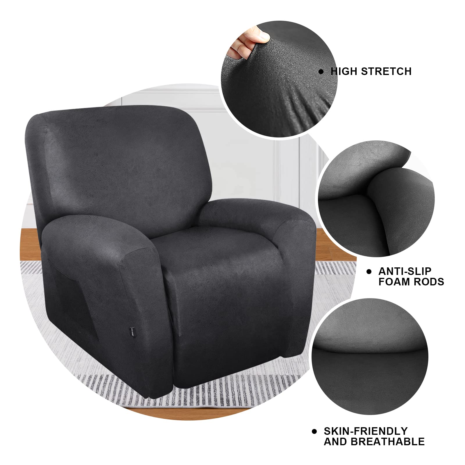 Coperture reclinabili per sedia reclinabile con tasca, 4 pezzi, antiscivolo, morbide e reclinabili, lavabili per bambini, animali domestici (grigio scuro)