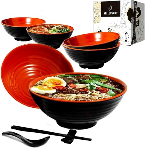 Juego de 6 tazones de ramen, 18 piezas Pho. Sopa japonesa asiática roja y negra. Utensilio cucharas y palillos. Melamina. Fideos grandes de 37 oz,