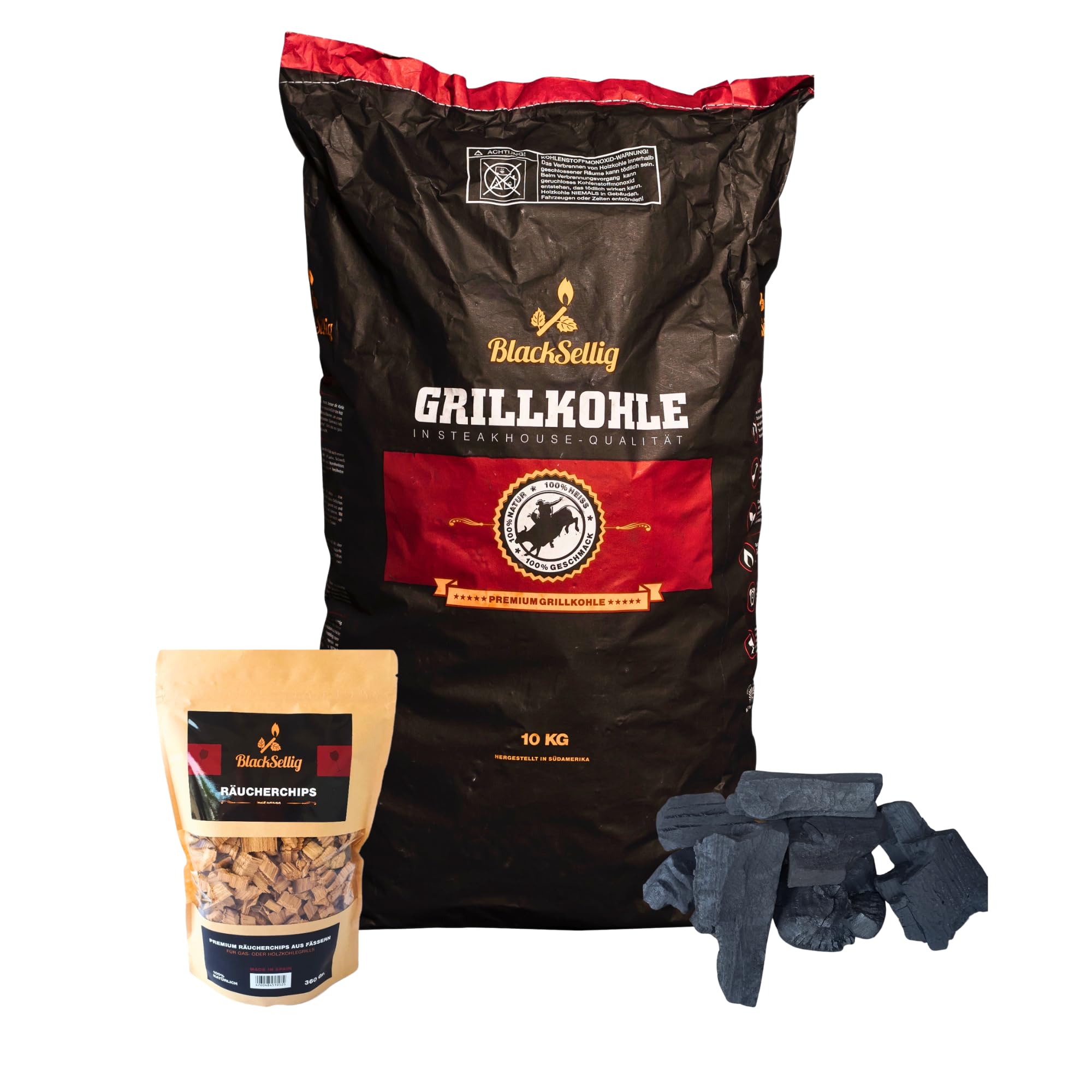 BlackSellig Steakhouse Grillkohle - Premium Quebracho Blanco Holzkohle | Lange Brenndauer | Hohe Hitze | Geringe Rauchentwicklung (10kg + 360g Smokerchips)