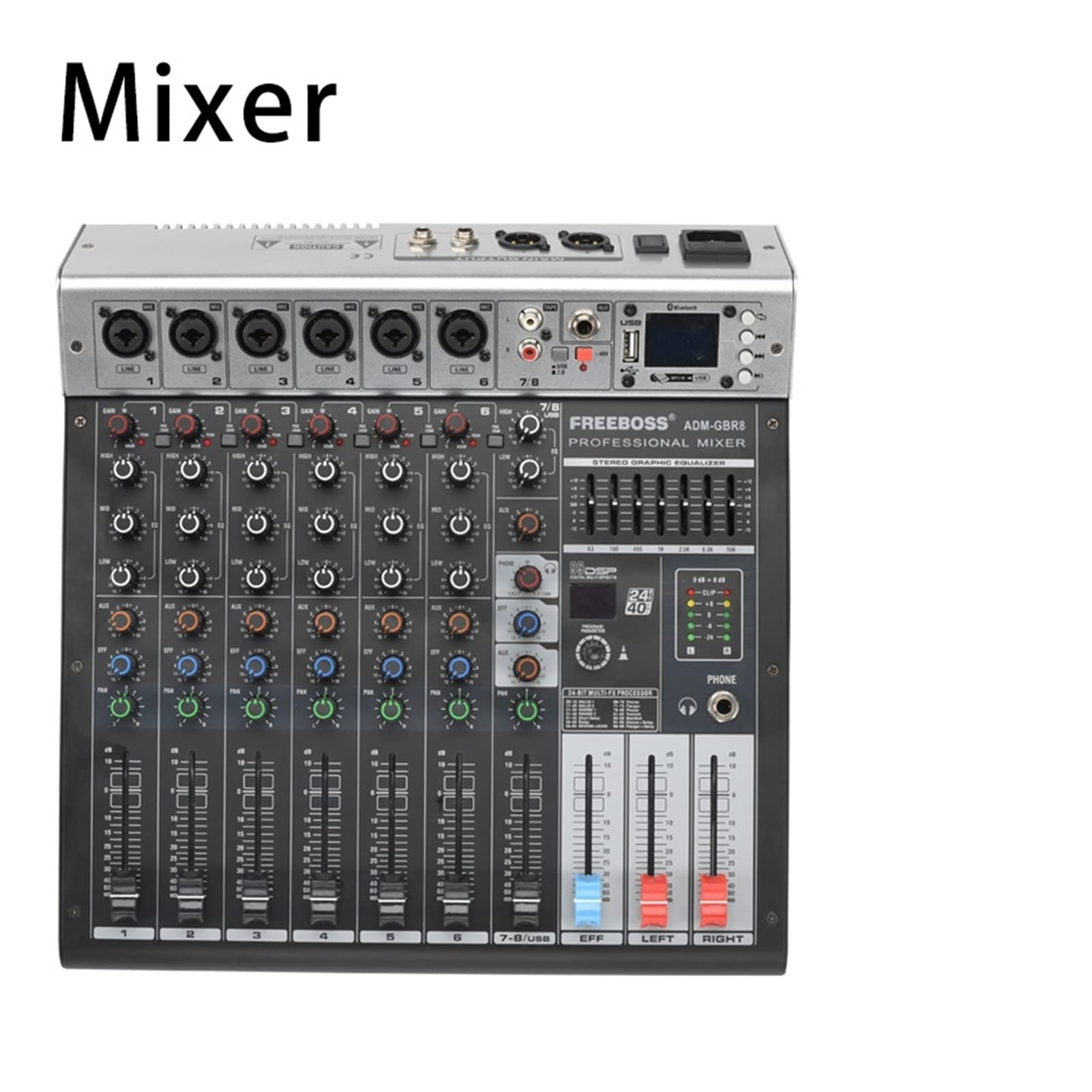 Attrezzatura per DJ per Feste ADM-GBR6 Serie 48 V Phantom Power RepAeat Effect USB Funzione Bluetooth Karaoke DJ Console 9 9dsp Canale Audio 6 Mixer(ADM-GBR6P)