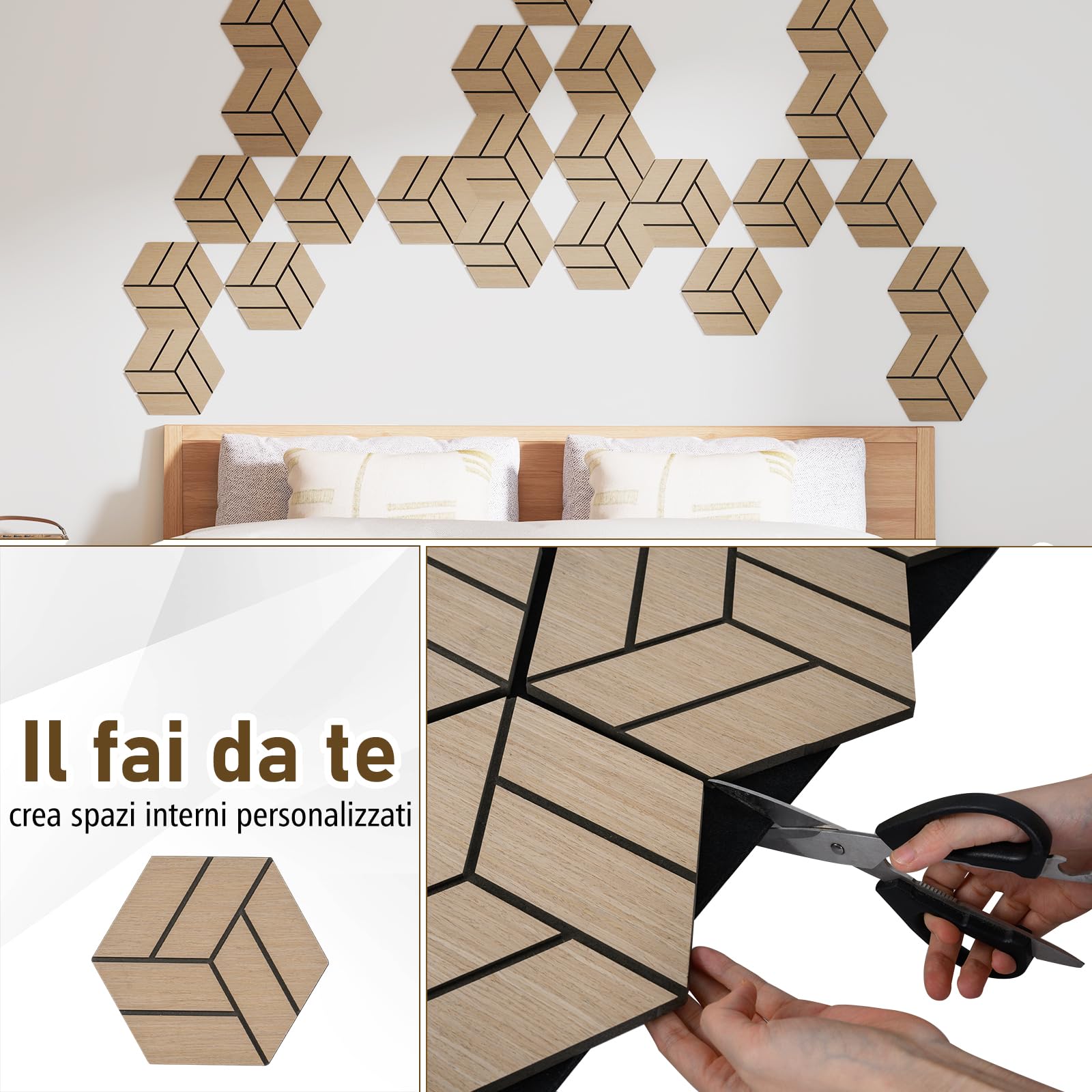 COSTWAY Set di 4 Pannelli Fonoassorbente, Pannelli Acustici per Pareti, 81x 66 cm, 9 Tavoletta Esagonali in Legno, per Riduzione del Rumore, Decorazione Interna, 2,1 m²