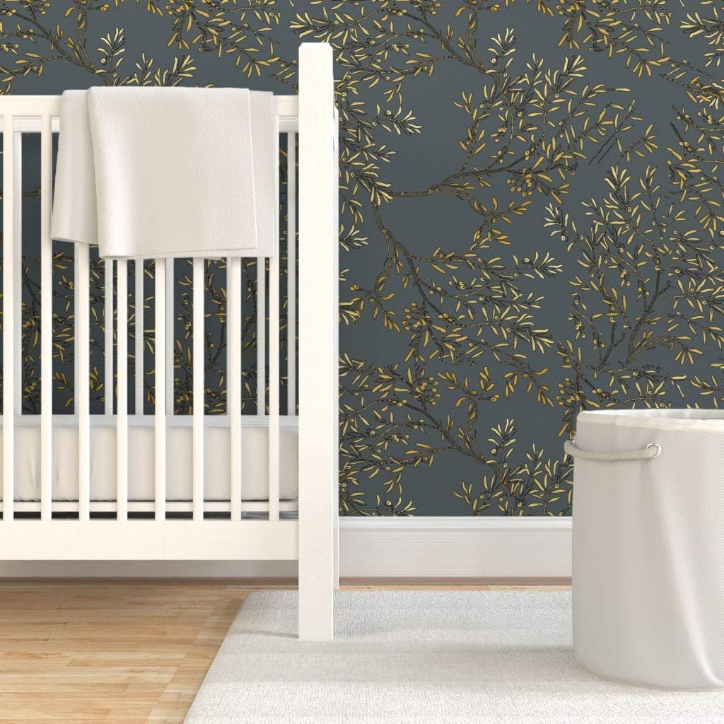 Peel & Stick Wallpaper 3ft x 2ft - Gold Branches Grey Gray Olive Branch Tree Leaves Custom Removable Wallpaper by Spoonflower