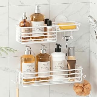 LEVERLOC Shower Caddy Suction Cup, 2 Pack White Shower Orgainzer With Hooks