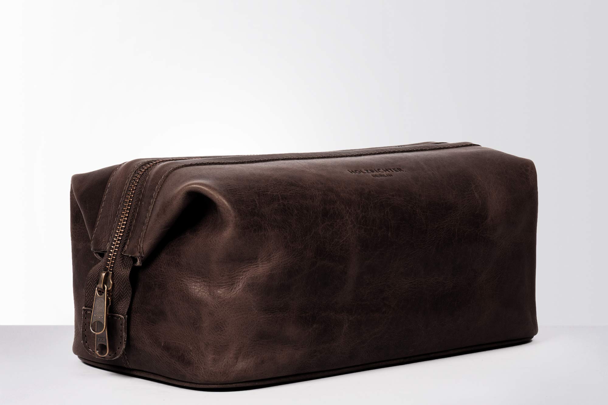 HOLZRICHTER Berlin - Große Kulturtasche aus Leder für Damen & Herren (No-5-2), Kulturbeutel 20x29x16cm, Echtleder Kosmetiktasche, Dunkelbraun