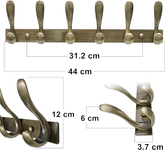 HONSKY Coat Rack Wall Mounted,44 cm Coat Hook Wall Mounted,6 Hooks Heavy Duty Wall Coat Hook for Hanging Clothes,Coat,Hat,Jacket,Antique Bronze