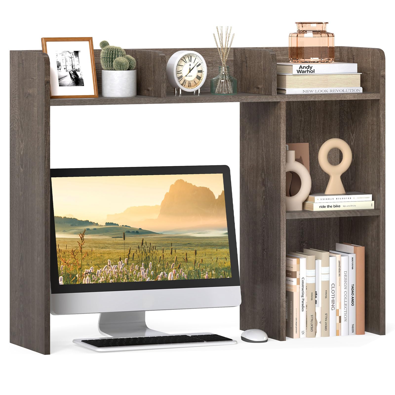 HOMASIS Scaffale da Scrivania in Legno, Libreria da Scrivania con 5 Scomparti, Organizzatore Aperto da Scrivania con Dispositivo Anti-Ribaltamento per Soggiorno, Studio, 94 x 25 x 74 cm (Grigio)