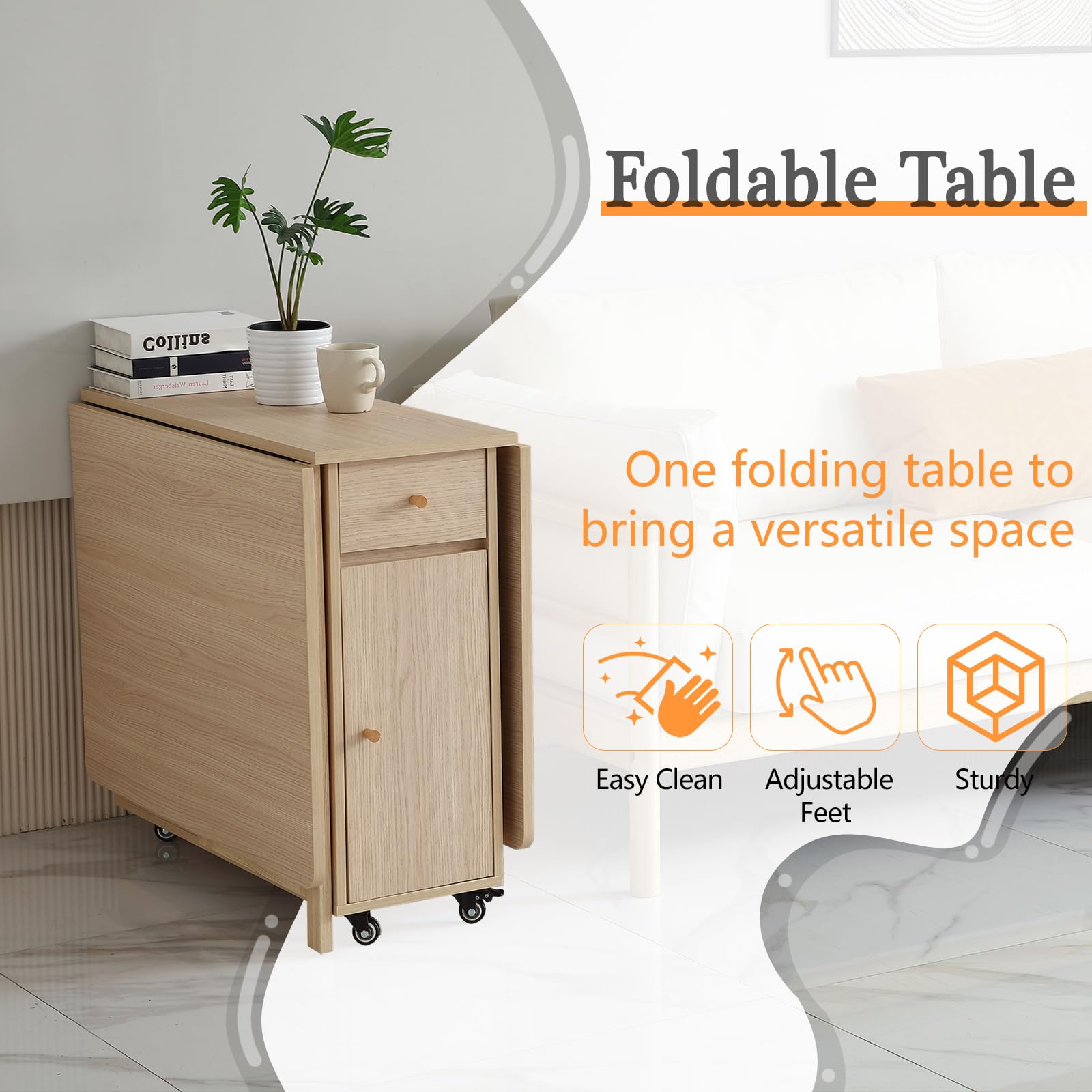 Mesa de comedor plegable extensible con 2 cajones y 4 ruedas para sala de estar, cocina, casa de campo, mesa de ahorro de espacio en color madera 8