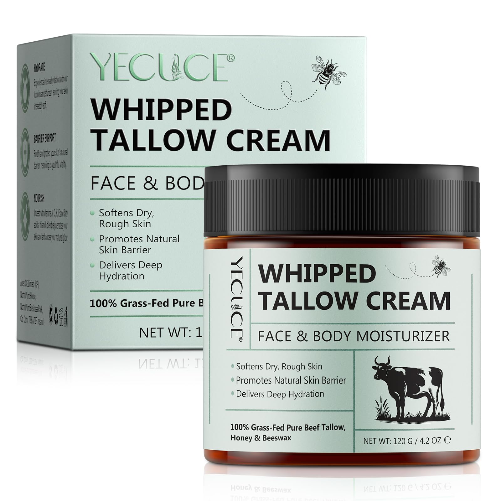 Whipped Beef Tallow Creme für Gesicht & Körper Skincare,100% Gras gefüttert reinen Rindertalg, Natürliche Honig & Bienenwachs Feuchtigkeitscreme, Tiefe Hydratation & Pflege, Tallow Balm 120 G