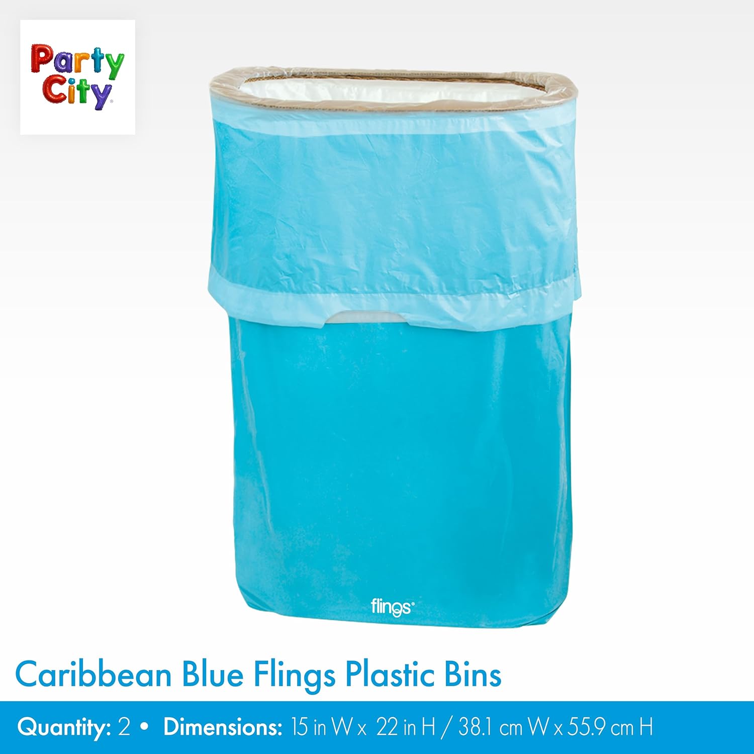 Party City Flings Plastic Bin (3-Pack) - Caribbean Blue (2) and Recycle (1) - 22 x 15 - Stylish & Convenient Portable Waste Solution for Events & Parties