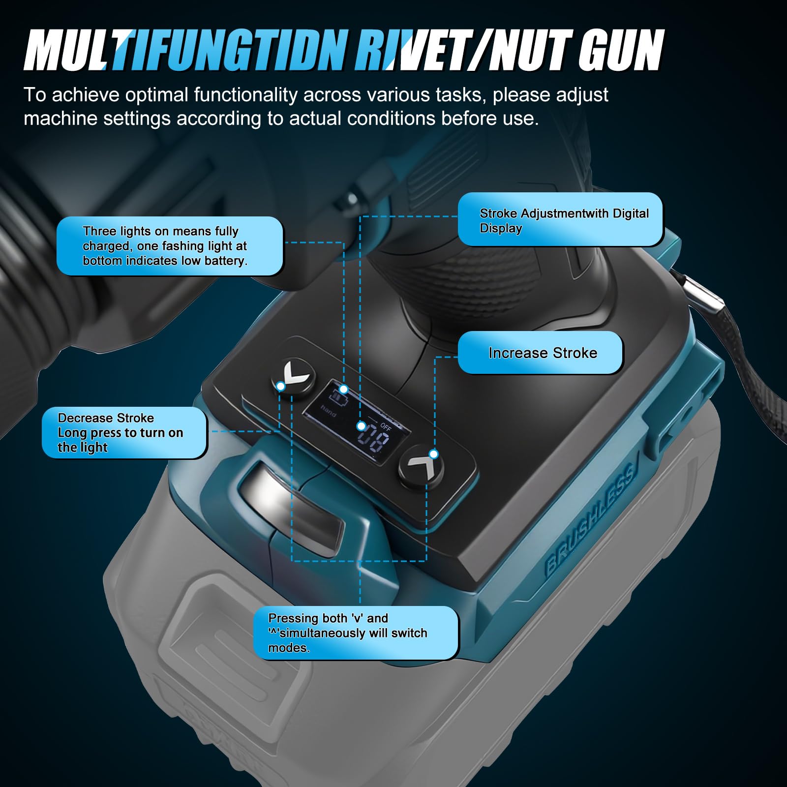 Remachadora y tuercas pistola a batería en 1 para Makita 18V (sin batería) | Pistola remachables eléctrica portátil, con tuercas M3, M4, M5, M6, M8, M10, M12, 4 adaptadores y luz LED
