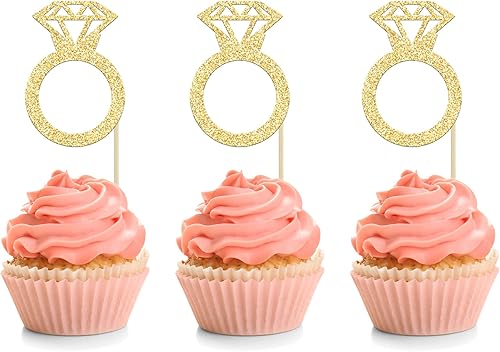 24 piezas de anillos de diamantes con purpurina dorada para decoración de cupcakes, decoración de pasteles de boda para despedidas de soltera,