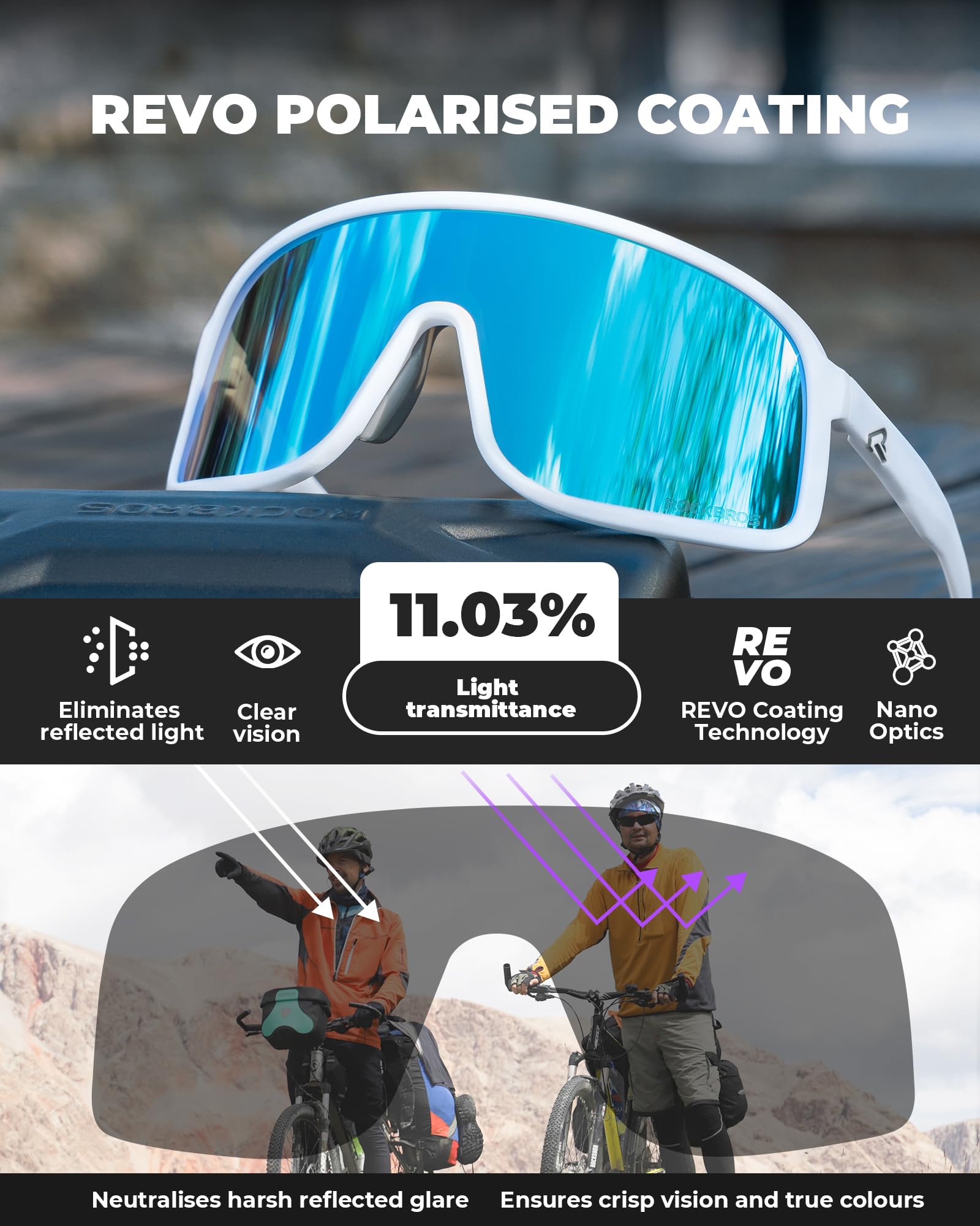 ROCKBROS Polarisierte Fahrradbrille Sonnenbrille, UV400 Schutz, Ultraleicht TR90 Rahmen Sportbrille, Austauschbare Nasenpads Cycling Glasses für Herren Damen Radfahren MTB Laufen - 4