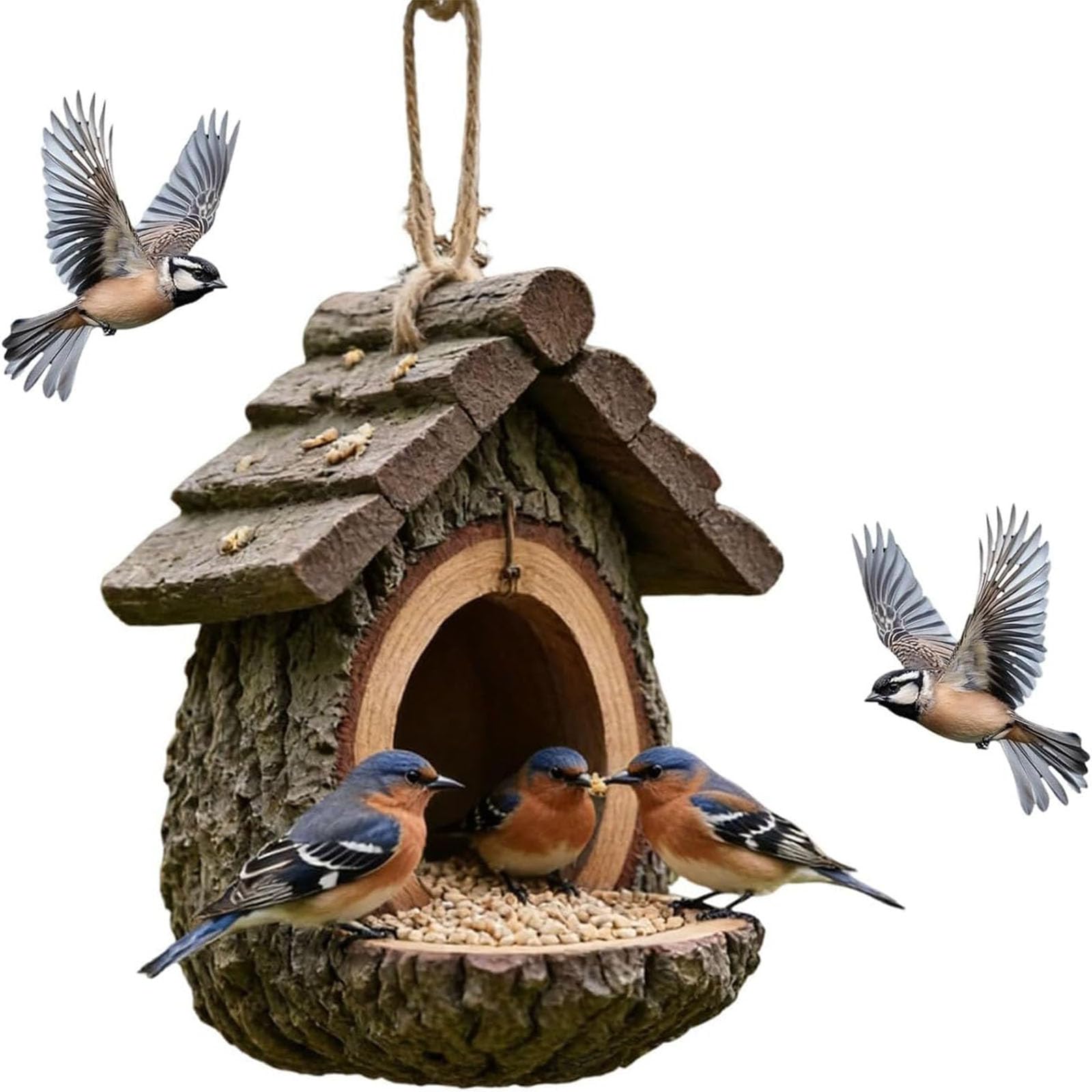 Mangiatoia per Uccelli in Resina Vintage Casa sull'Albero Impermeabile da Appendere con Vassoio per Semi