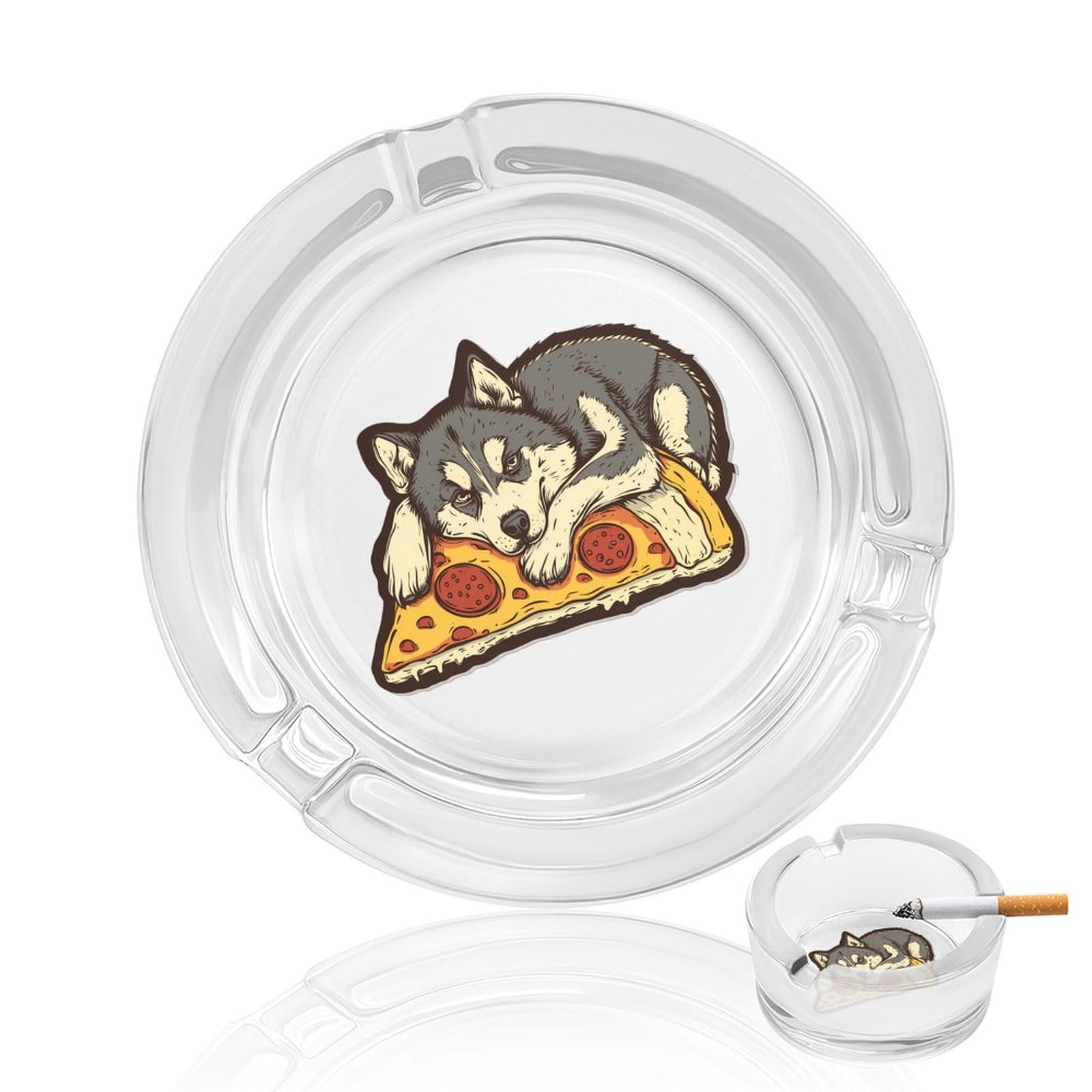 Siberian Husky Pizza Ashtray Portable Round Glass Outdoor Ash Tray for Home Office Garden Pub