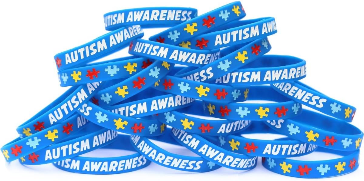 100 Autism Awareness Wristbands - Colorful Puzzle Pieces Silicone Bracelets