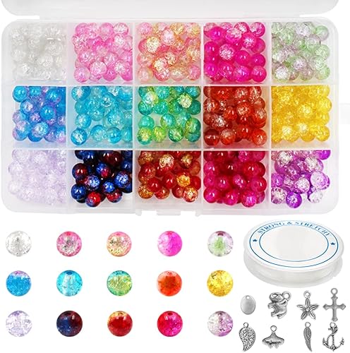 DaKuan - 300 cuentas crackle de 0.315in, cuentas redondas de 15 colores, hechas a mano, cuentas de cristal para pulseras, collares, joyería