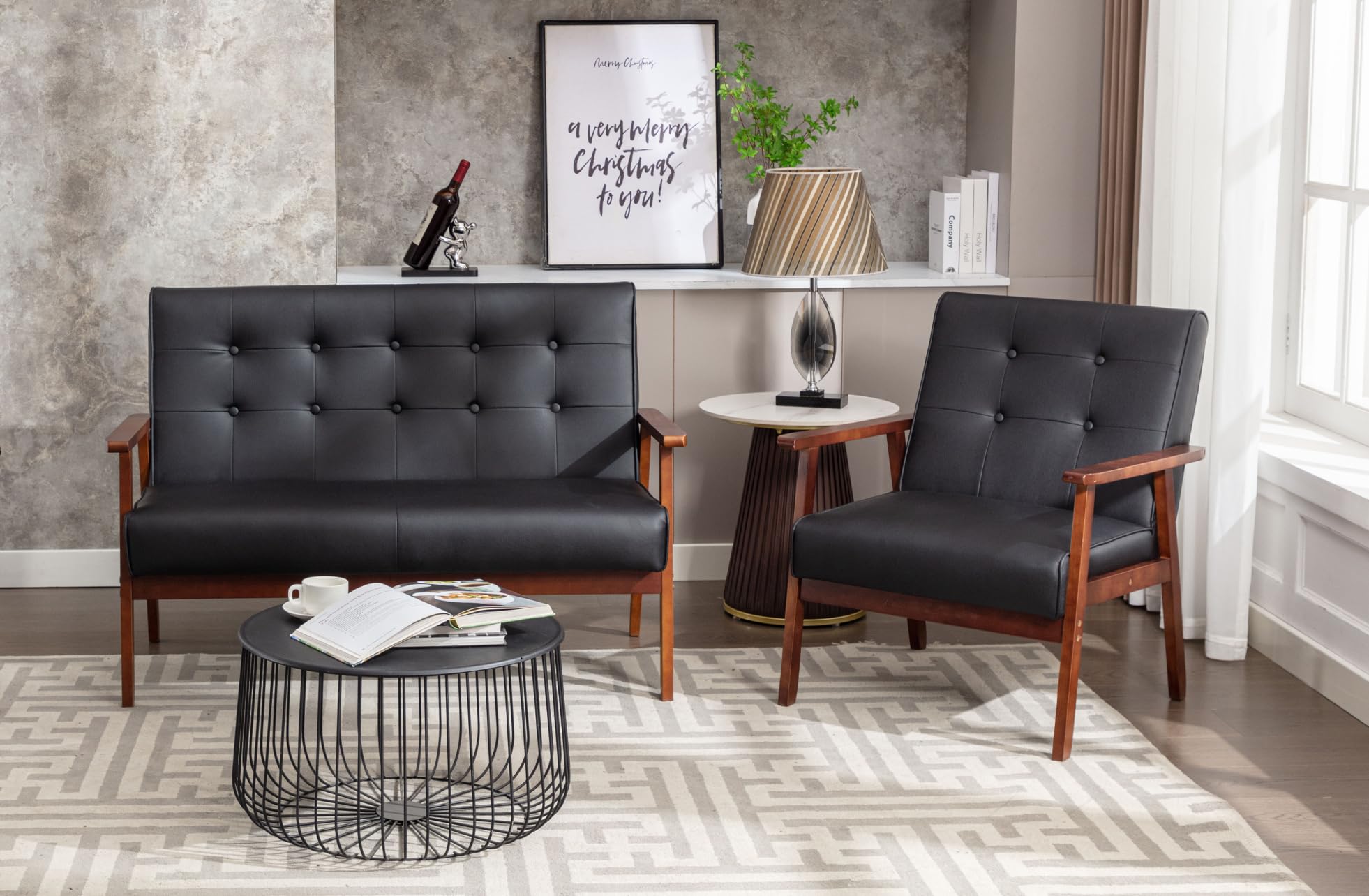 JIASTING Mid Century 1 Loveseat Sofa and Accent Chair Set Modern Wood Arm Couch and Chair Living Room Furniture Sets (8428 Black Set)