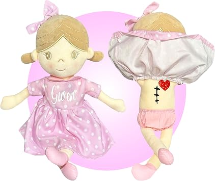 14" Personalized Surgery Scar Doll for Little Girls - Open Heart Surgery Gifts - Choose Your Own Scar Location - CHD Awareness Products Pink w/White Spots