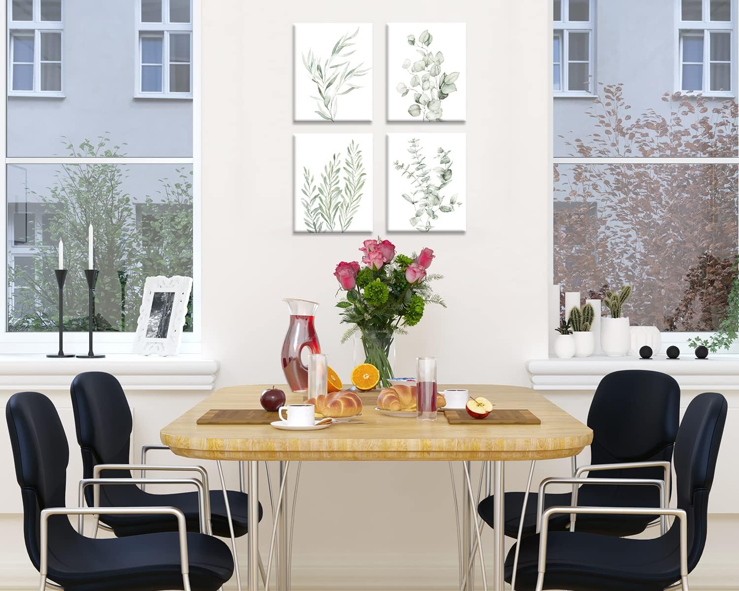 ARTINME Framed Botanical Painting Wall Art- Set of 4 8x10 Neutral Canvas Prints- Eucalyptus Wall Decor for Living Room, Kitchen, Bedroom, Bathroom, Office