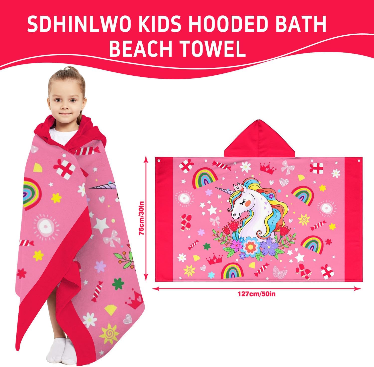 Thickened Hooded Towels for Kids Suitable Girls Boys Kids Bath Towels, 30"x50" Super Absorbent, Unicorn Cute Cartoon Toddler Towels Multi-Purpose for Beach, Pool and Bathroom - Image 3