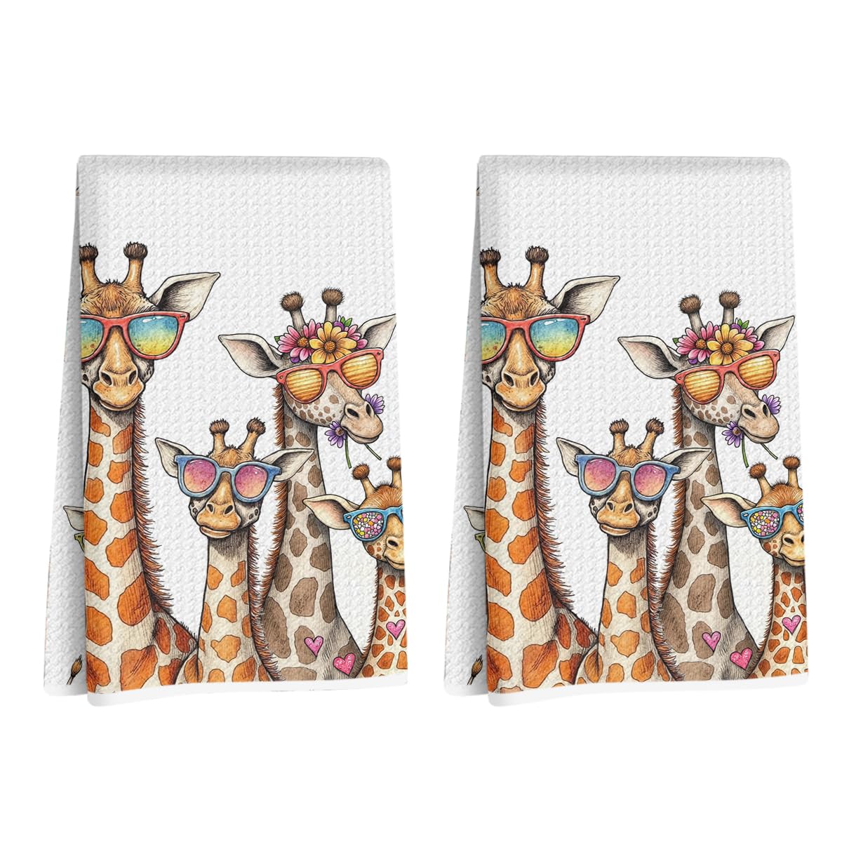 Hanamiya Na 2 Pcs Funny Giraffe Kitchen Towels 24x14 Inch, Giraffes Reusable Dish Towels for Kitchen Bathroom Decor, Waffle Weave Hand Cloth Tea Towel, Giraffe Gifts for Women Friend Boys Girls