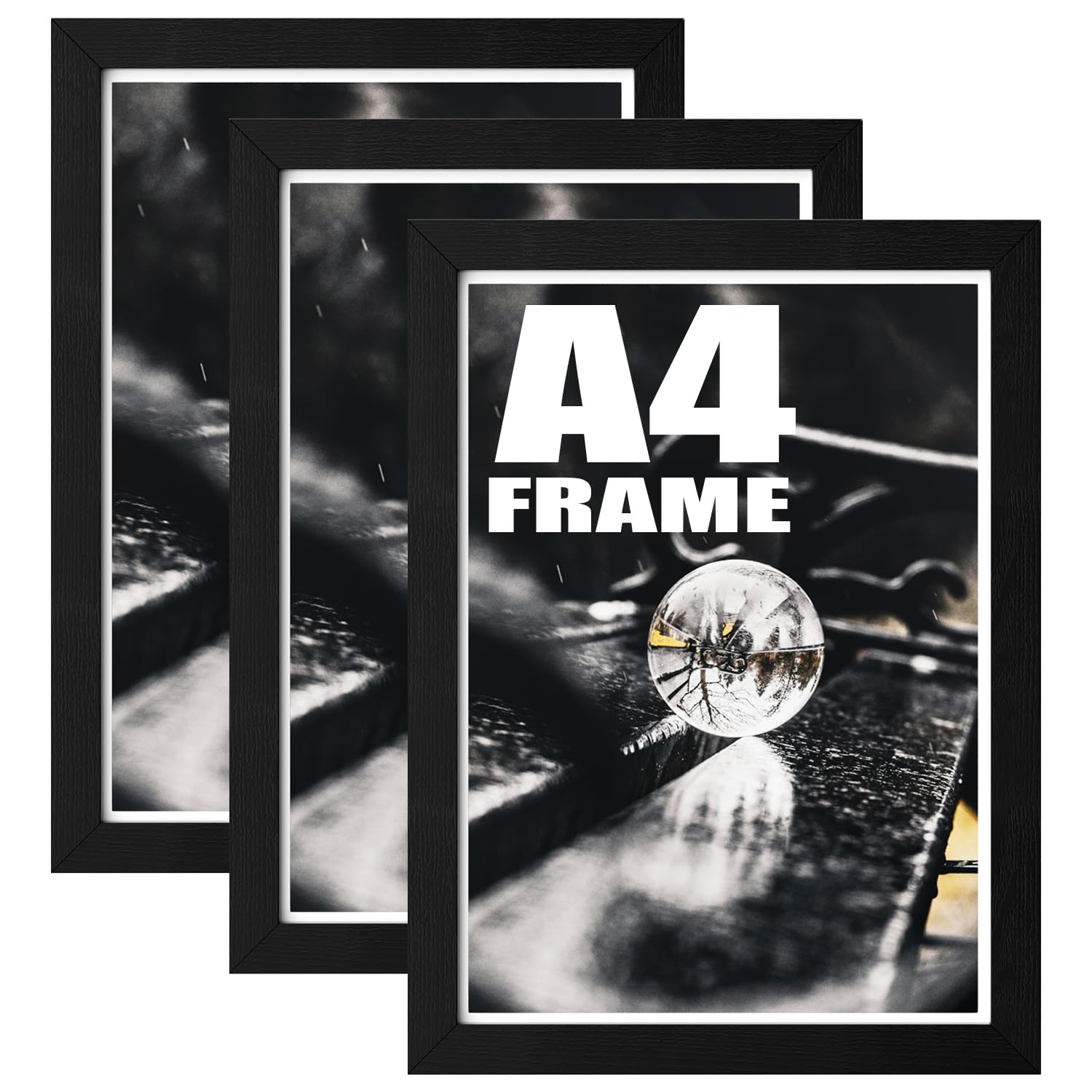 Hiyzaun Real Glass A4 Picture Frames, Pack of 3 Black A4 Frame with Mount, 21x29.7cm Photo Frames for Standing or Mounting